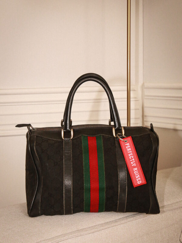 Gucci Vintage Boston Bag 1970er Jahre mit GG Canvas und Web Stripe, klassische Designer Tasche aus Italien – Borsa Nera Wien